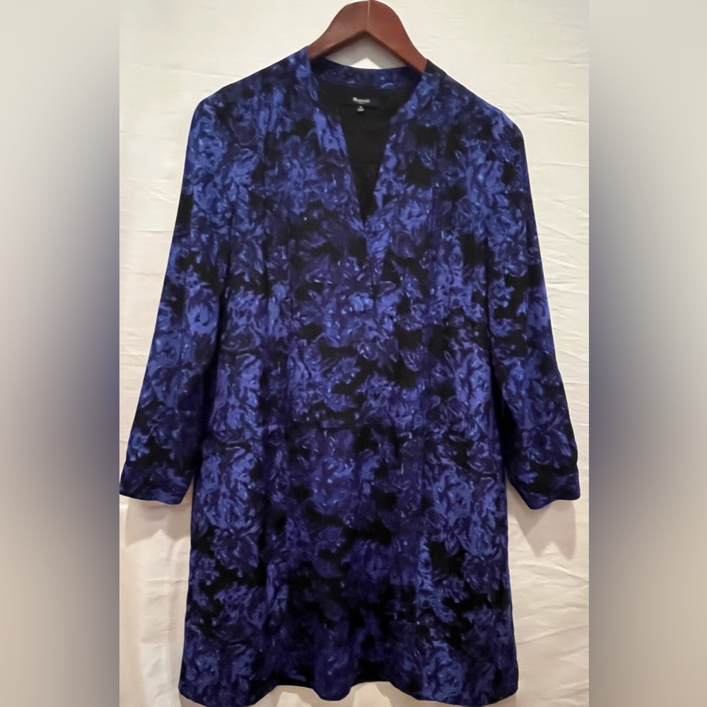 Madewell 100% Silk Abstract Print Long Sleeves Dress w. Pockets - Blue - M